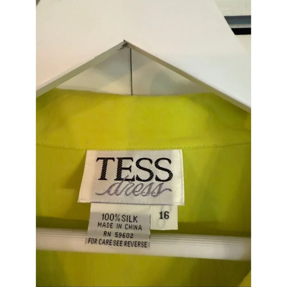 Tess Dress Vintage 100% silk neon yellow button down blouse 16 - Picture 4 of 10